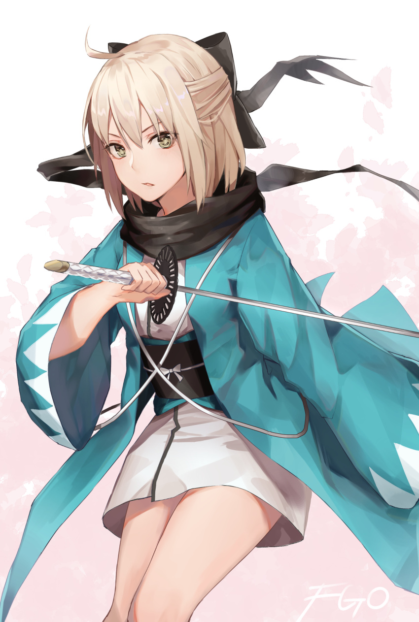 1girl absurdres ahoge black_bow black_cola black_legwear black_ribbon black_scarf blonde_hair blush bow breasts fate/grand_order fate_(series) hair_bow hair_ribbon highres hilt holding holding_sword holding_weapon japanese_clothes katana kimono leaning_forward long_hair looking_at_viewer obi okita_souji_(fate) open_mouth outdoors pink_background ribbon sash scarf shinsengumi short_hair short_kimono simple_background sleeves_past_elbows snow solo standing sword thigh-highs unsheathed weapon wide_sleeves yellow_eyes