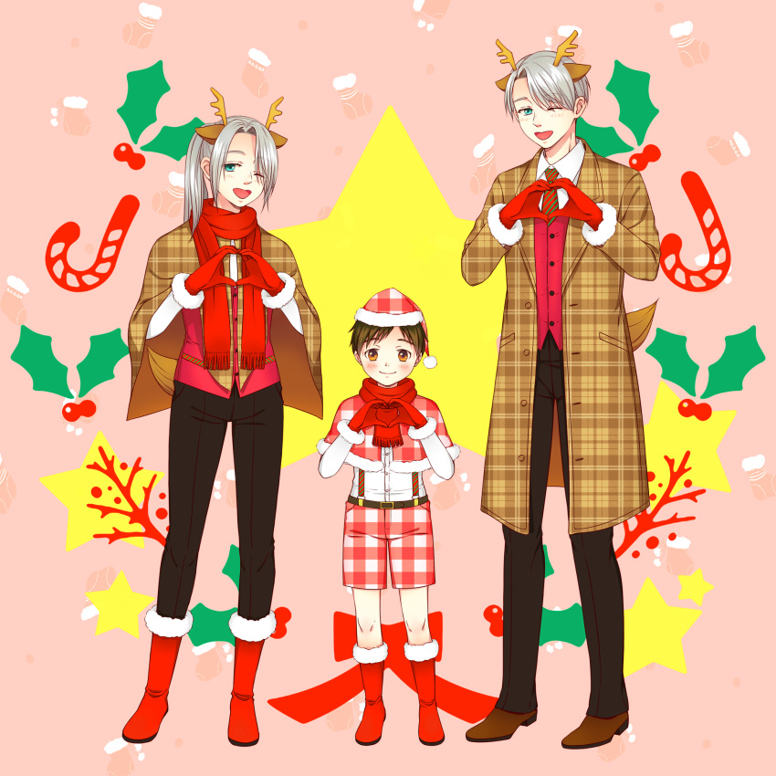 3boys ;d animal_ears antlers black_hair blue_eyes boots brown_eyes candy candy_cane capelet child christmas coat dual_persona food gloves hat heart heart_hands highres hiro_(totoring) holly katsuki_yuuri male_focus multiple_boys necktie one_eye_closed open_mouth plaid ponytail red_gloves reindeer_antlers reindeer_ears santa_hat scarf shorts silver_hair smile star suspenders teenage viktor_nikiforov younger yuri!!!_on_ice