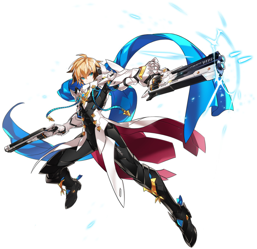 1boy armor artist_request black_bodysuit black_hair blonde_hair blue_eyes blue_scarf bodysuit boots chung_seiker closed_mouth dual_wielding elsword fatal_phantom_(elsword) full_armor full_body gloves gun holding holding_gun holding_weapon looking_at_viewer male_focus metal_gloves multicolored_hair official_art scarf solo two-tone_hair weapon