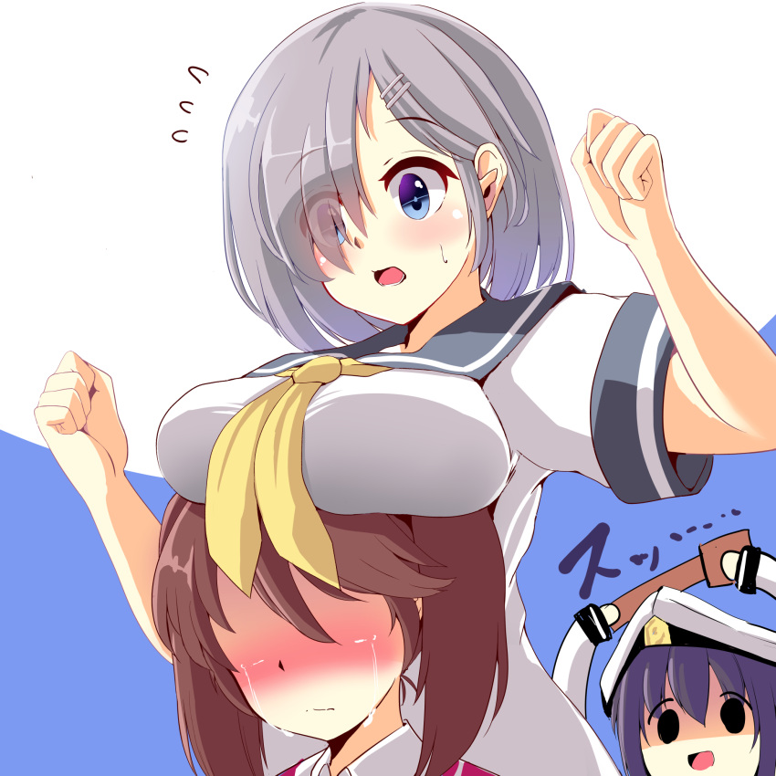 blue_eyes blush breast_press breast_rest breasts breasts_on_head brown_hair commentary_request crying eyes_visible_through_hair female_admiral_(kantai_collection) flying_sweatdrops hair_ornament hair_over_one_eye hairclip hamakaze_(kantai_collection) highres kantai_collection large_breasts long_hair long_sleeves multiple_girls neckerchief ryuujou_(kantai_collection) school_uniform serafuku short_hair short_sleeves silver_hair small_breasts suzune_kou sweatdrop twintails visor_cap