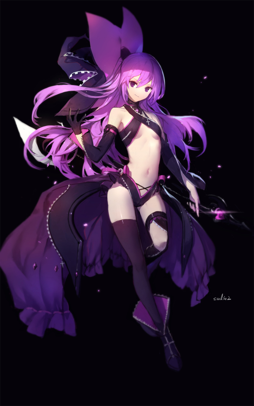 1girl absurdres aisha_(elsword) bangs bare_shoulders black_background book breasts closed_mouth detached_sleeves elsword floating_hair full_body glowing hair_between_eyes hat highres holding long_hair looking_at_viewer navel oz_sorcerer_(elsword) purple_hair simple_background smile solo swd3e2 under_boob violet_eyes witch witch_hat