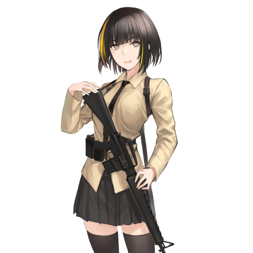 1girl alternate_hair_length alternate_hairstyle ammunition_pouch assault_rifle bangs beige_shirt belt black_hair black_legwear black_neckwear black_skirt blonde_hair blunt_bangs bob_cut brown_eyes brown_hair buckle collared_shirt eyebrows_visible_through_hair girls_frontline gloves gun highres holding holding_gun holding_weapon long_sleeves looking_at_viewer m16 m16a1_(girls_frontline) magazine_(weapon) multicolored_hair necktie npt_(akzkfhsk0503) open_mouth pleated_skirt rifle shirt short_hair simple_background skirt smile solo strap streaked_hair thigh-highs weapon white_background