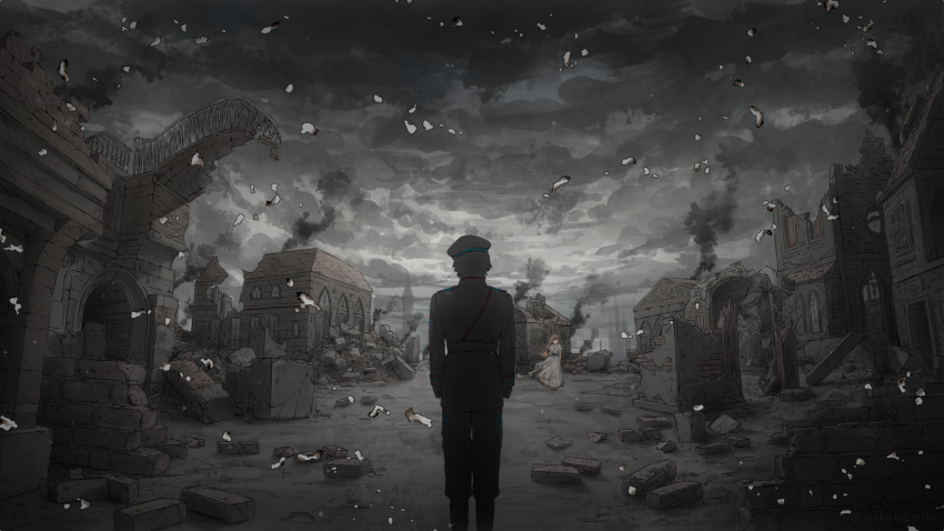1boy 1girl arms_at_sides blonde_hair boots brick burned_paper commentary_request dress from_behind full_body grey grey_dress hat highres long_hair long_sleeves military military_hat military_uniform original overcast ruins scenery smoke standing uniform wind yamada_tokihiko