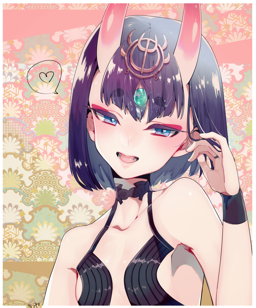 1girl absurdres bangs bob_cut chiune_(user_fukt3537) collarbone eyebrows_visible_through_hair eyeshadow fangs fate/grand_order fate_(series) flat_chest forehead_jewel hair_tucking head_tilt heart highres looking_at_viewer makeup mascara oni oni_horns open_mouth purple_hair revealing_clothes short_eyebrows short_hair shuten_douji_(fate/grand_order) smile solo spoken_heart upper_body violet_eyes