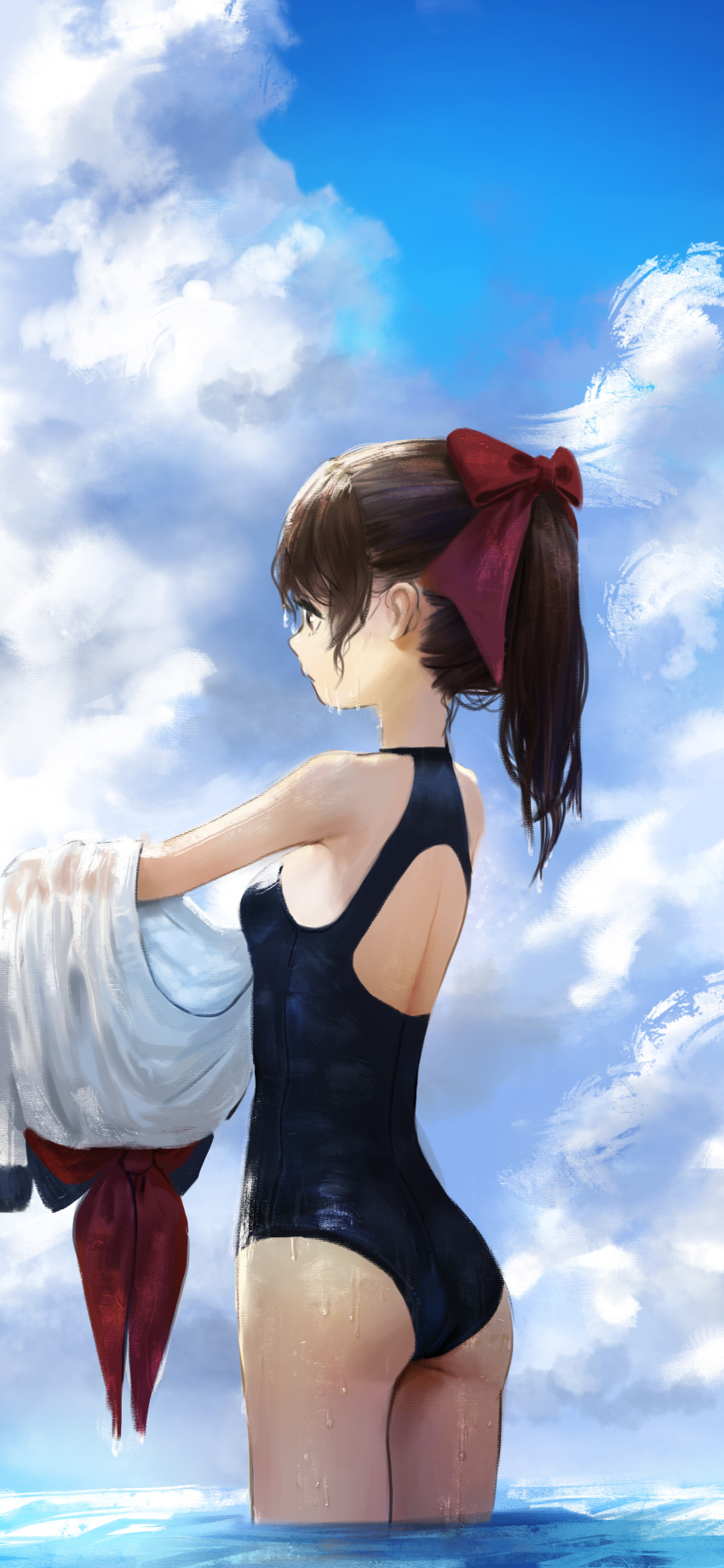 1girl absurdres ass bare_shoulders blue_sky bow breasts brown_eyes brown_hair clouds competition_swimsuit day dokshuri from_side hair_bow highres long_hair medium_breasts neckerchief one-piece_swimsuit original outdoors ponytail red_bow red_neckwear school_uniform serafuku sky solo standing swimsuit wading water wet wet_hair
