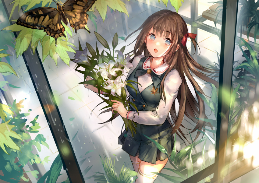 1girl :o bangs blue_eyes brooch brown_hair butterfly eyebrows_visible_through_hair floating_hair flower from_above from_outside hair_between_eyes hair_ribbon highres holding holding_flower jewelry liiko lily_(flower) long_hair long_sleeves miniskirt open_mouth original plant pleated_skirt rain red_ribbon ribbon shirt skirt solo standing thigh-highs very_long_hair vest white_flower white_legwear white_shirt window zettai_ryouiki