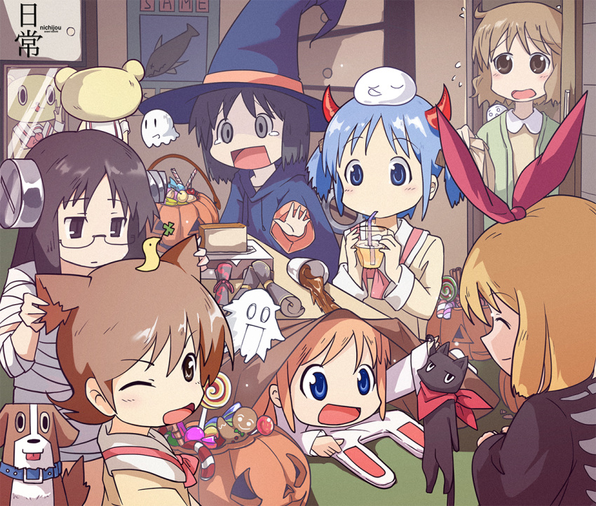 6+girls ;d aioi_yuuko black_cat black_eyes candy cat character_request drinking food halloween halloween_costume hat indoors jack-o'-lantern kotatsu m.mikasa minakami_mai multiple_girls naganohara_mio nichijou one_eye_closed open_mouth poster_(object) professor_shinonome sakamoto_(nichijou) scarf school_uniform shinonome_nano smile table tokisadame_school_uniform witch witch_hat