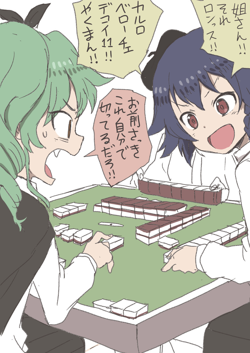 2girls absurdres anchovy black_bow black_hat blue_eyes board_game bow brown_eyes comic drill_hair fang from_side game_request girls_und_panzer green_hair hair_bow hat highres multiple_girls open_mouth pepperoni_(girls_und_panzer) playing_games profile shirt simple_background speech_bubble translation_request v-shaped_eyebrows white_background white_shirt yamamoto_souichirou