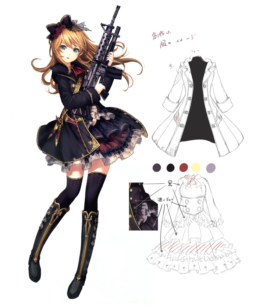 1girl ascot black_bow black_footwear blonde_hair boots bow catbell color_guide flower frilled_skirt frills fur_collar green_eyes gun hair_bow hair_flower hair_ornament highres holding holding_gun holding_weapon jacket knee_boots layered_skirt long_hair long_sleeves looking_at_viewer original parted_lips simple_background skirt solo standing weapon white_background