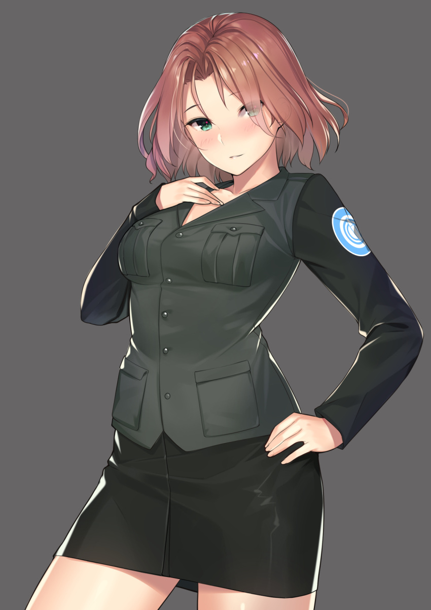 1girl azumi_(girls_und_panzer) blush breasts brown_hair buttons collarbone cowboy_shot eyes_visible_through_hair girls_und_panzer green_eyes grey_background hand_on_hip hand_on_own_chest highres impossible_clothes kagematsuri long_sleeves looking_at_viewer medium_breasts military military_uniform parted_lips pencil_skirt selection_university_military_uniform shiny shiny_clothes shiny_hair short_hair simple_background skirt smile solo uniform