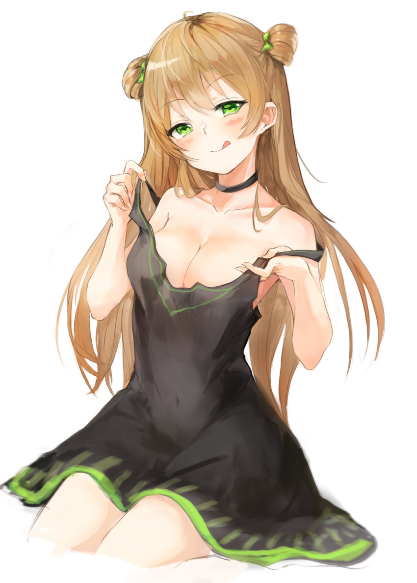 1girl :q absurdres ahoge bangs black_choker black_dress blush bow breasts broche_(timpet) brown_hair choker cleavage collarbone double_bun dress eyebrows_visible_through_hair eyes_visible_through_hair girls_frontline gloves green_eyes hair_bow half-closed_eyes head_tilt highres holding_dress long_hair looking_at_viewer medium_breasts off_shoulder rfb_(girls_frontline) seductive_smile sidelocks simple_background sitting smile solo tongue tongue_out undressing white_background