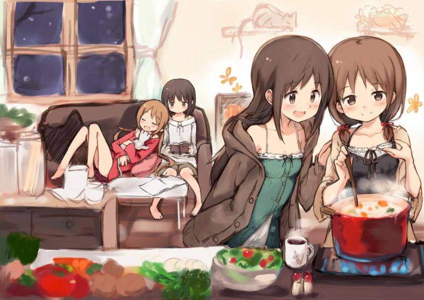 4girls :d =_= animal animal_hug arm_behind_back bangs barefoot black_dress blush book brown_cardigan brown_eyes brown_hair brown_shorts cardigan cat closed_eyes closed_mouth coffee_mug collarbone commentary_request cooking couch cup curtains dress eyebrows_visible_through_hair green_dress highres holding holding_book indoors kyuri light_brown_hair long_hair long_sleeves low_twintails mug multiple_girls on_couch open_book open_cardigan open_clothes open_mouth original pillow pot reclining red_shirt red_skirt shirt short_hair short_shorts shorts sitting skirt smile steam table twintails very_long_hair white_shirt window yuri