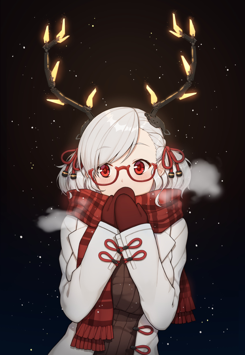 1girl absurdres bangs black_background blush breasts breath brown_sweater coat covering_mouth duffel_coat eyebrows_visible_through_hair fake_antlers girls_frontline glasses hair_ribbon headgear highres long_sleeves looking_at_viewer medium_breasts mittens open_clothes open_coat own_hands_together plaid plaid_scarf red-framed_eyewear red_eyes red_mittens red_ribbon red_scarf ribbon scarf shiny shiny_hair short_hair short_twintails snowing solo spas-12_(girls_frontline) sweater swept_bangs tareme terras twintails under-rim_eyewear upper_body white_coat
