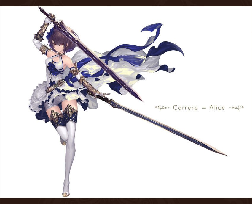 1girl arm_up armor armored_dress bangs bare_shoulders breasts brown_hair character_name cleavage dual_wielding fantasy full_body gauntlets hair_between_eyes highres holding holding_sword holding_weapon letterboxed looking_at_viewer original red_eyes short_hair solo sword tachikawa_mushimaro weapon white_background