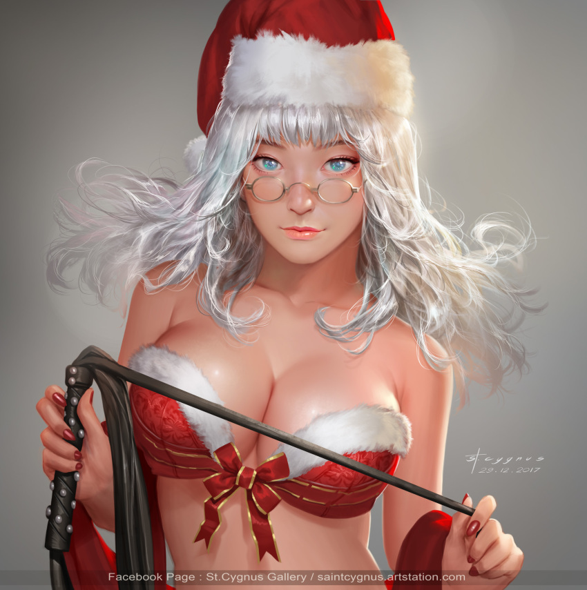 1girl 2017 artist_name blue_eyes bra breasts closed_mouth copyright_request dated fur_trim glasses hat highres large_breasts long_hair looking_at_viewer nail_polish nutthapon_petchthai red_bra red_nails red_ribbon ribbon santa_hat solo underwear watermark white_hair