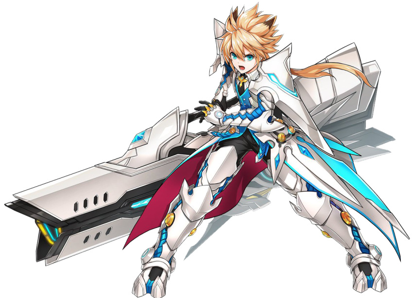 1boy :o armor black_pants blonde_hair blue_eyes boots brown_hair cannon chung_seiker elsword full_armor full_body gloves holding holding_weapon huge_weapon long_hair looking_at_viewer male_focus multicolored_hair official_art open_mouth pants pauldrons ress solo spiky_hair streaked_hair surcoat tactical_trooper_(elsword) thigh-highs thigh_boots two-tone_hair weapon