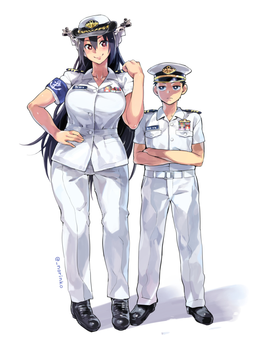 1boy 1girl admiral_(kantai_collection) alternate_costume belt black_eyes black_hair blush brown_eyes commentary_request crossed_arms female_service_cap hand_on_hip hat height_difference highres kantai_collection long_hair looking_at_another military military_hat military_uniform nagato_(kantai_collection) naval_uniform norinco smile standing twitter_username uniform