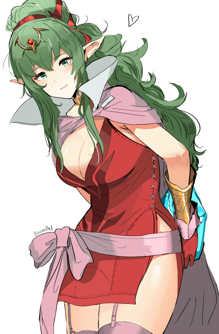 1girl absurdres boots bracelet breasts cape chiki circlet cleavage dotentity dress fire_emblem fire_emblem:_kakusei fire_emblem:_mystery_of_the_emblem green_eyes green_hair hair_ornament highres jewelry large_breasts long_hair looking_at_viewer mamkute older pink_legwear pointy_ears ponytail short_dress sidelocks solo strapless strapless_dress thigh-highs thigh_boots thighs tiara