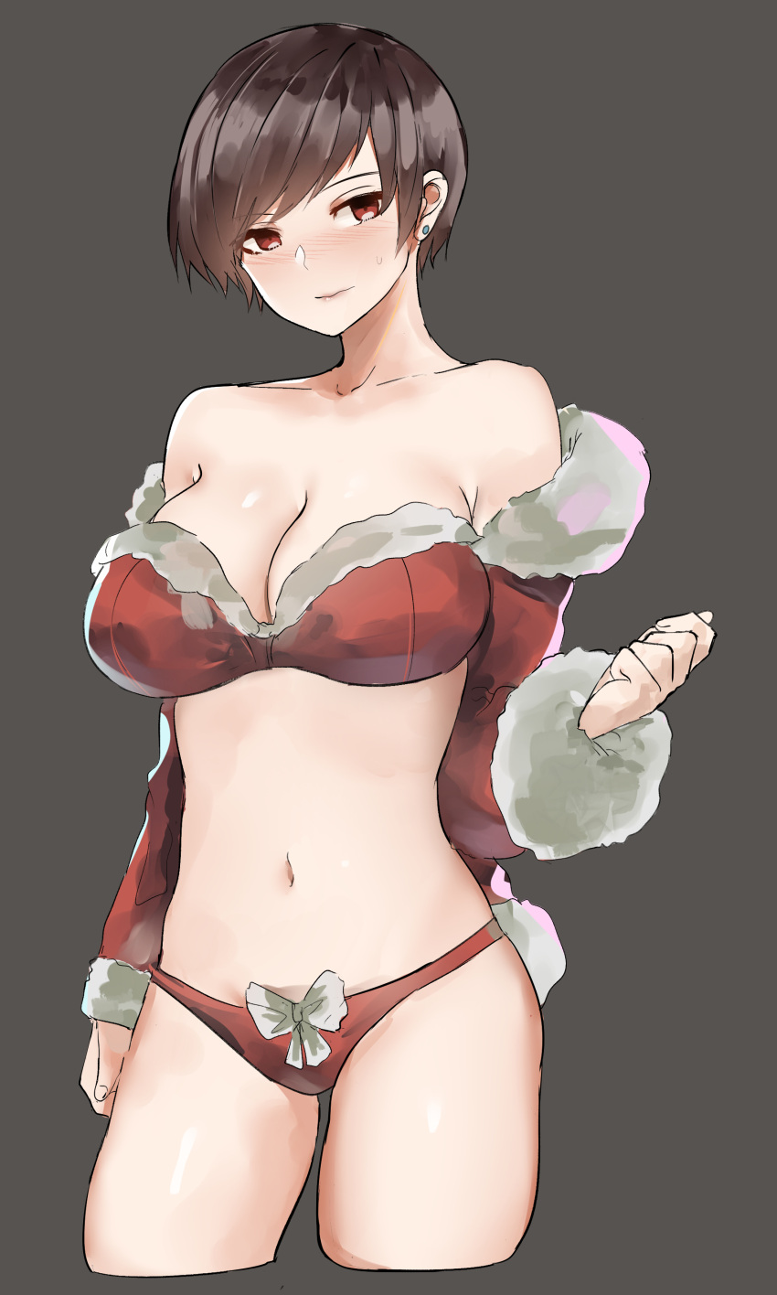 1girl absurdres bare_shoulders black_hair blush breasts cleavage clenched_hand collarbone cowboy_shot earrings fur-trimmed_bikini grey_background highres jacket jacket_removed jewelry large_breasts looking_at_viewer midriff navel norman_maggot ol-chan_(norman_maggot) original red_jacket santa_bikini short_hair simple_background solo