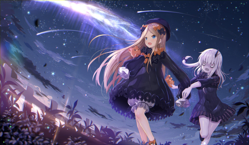 2girls :d abigail_williams_(fate/grand_order) bags_under_eyes bangs black_bow black_dress black_footwear black_hat blonde_hair bloomers blue_eyes blurry bow clouds commentary_request covered_navel depth_of_field diffraction_spikes dress fate/grand_order fate_(series) fence floating_hair from_below hair_bow hand_holding hat holding holding_stuffed_animal horn lavinia_whateley_(fate/grand_order) long_hair long_sleeves looking_at_another looking_away morning motion_blur multiple_girls open_mouth orange_bow outdoors pale_skin pink_eyes plant polka_dot polka_dot_bow running scenery shiny shiny_hair shoe_bow shoes shooting_star short_dress sidelocks silver_hair sky sleeves_past_wrists smile sparkle standing star_(sky) starry_sky straight_hair stuffed_animal stuffed_toy sunrise surprised teddy_bear underwear white_bloomers wide-eyed wind yano_mitsuki