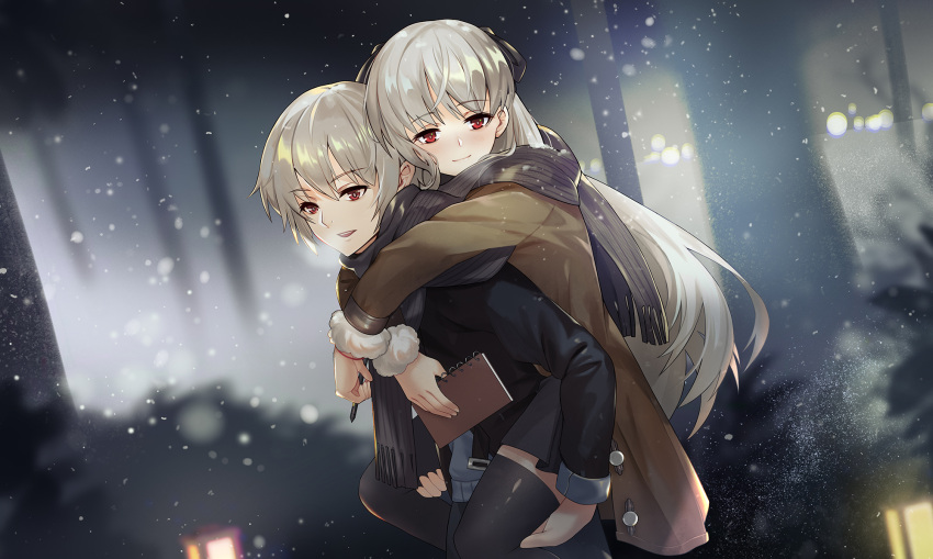 1boy 1girl bangs black_jacket black_scarf blurry blurry_background book brown_coat carrying carrying_over_shoulder closed_mouth coat commentary_request eyebrows_visible_through_hair fur-trimmed_coat fur_trim half-closed_eyes highres holding holding_book holding_pen jacket long_hair long_sleeves looking_at_viewer night open_mouth original outdoors piggyback red_eyes scarf shared_scarf short_hair silver_hair smile snow snowing tareme tsubasa19900920 winter winter_clothes winter_coat