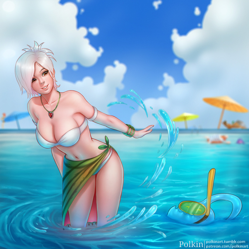 1boy 1girl bare_shoulders beach_umbrella bikini breasts brown_eyes cleavage highres jewelry large_breasts league_of_legends leaning_forward midriff navel necklace partially_submerged patreon_username polkin riven_(league_of_legends) sarong short_hair silver_hair smile standing strapless strapless_bikini swimsuit tumblr_username umbrella water watermark web_address white_bikini zac