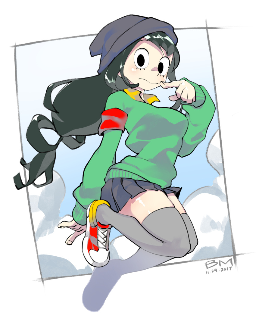 1girl alone alternate_costume asui_tsuyu beanie bearthemighty big_eyes black_eyes black_hair boku_no_hero_academia breasts cardigan casual clouds female finger_to_mouth frog_girl full_body green_hair hat highres long_hair long_sleeves looking_at_viewer medium_breasts pleated_skirt shoes skirt sneakers solo sweater thigh-highs thighs very_long_hair zettai_ryouiki