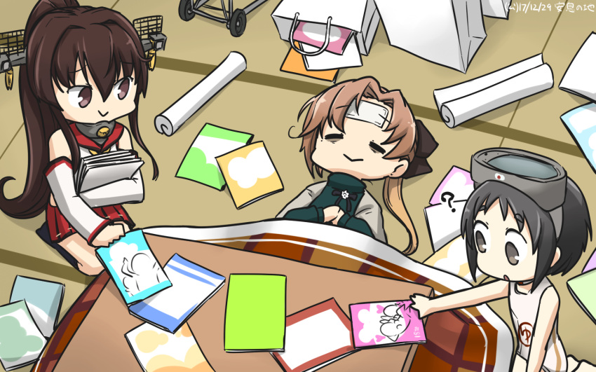 3girls ? akigumo_(kantai_collection) bag bags_under_eyes black_eyes black_hair book brown_eyes brown_hair cherry_blossoms closed_eyes dated diving_mask diving_mask_on_head hamu_koutarou headgear highres kantai_collection kotatsu long_hair maru-yu_(kantai_collection) miniskirt multiple_girls paper pleated_skirt ponytail red_skirt school_swimsuit short_hair skirt sleeping swimsuit table tatami under_kotatsu under_table very_long_hair white_school_swimsuit white_swimsuit yamato_(kantai_collection)