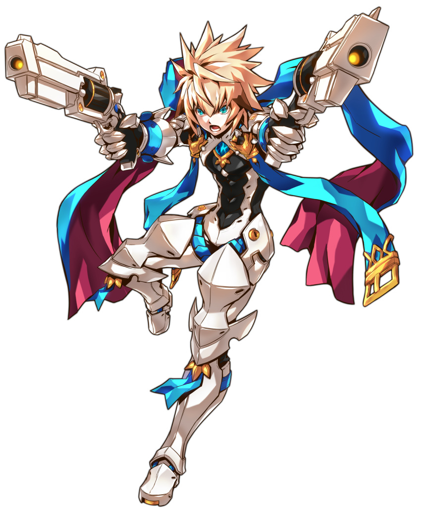 1boy :o absurdres angry armor blonde_hair blue_eyes blue_scarf boots brown_hair chung_seiker deadly_chaser_(elsword) dual_wielding elsword full_armor full_body gloves gun highres male_focus multicolored_hair official_art open_mouth ress scarf solo spiky_hair standing standing_on_one_leg streaked_hair two-tone_hair weapon
