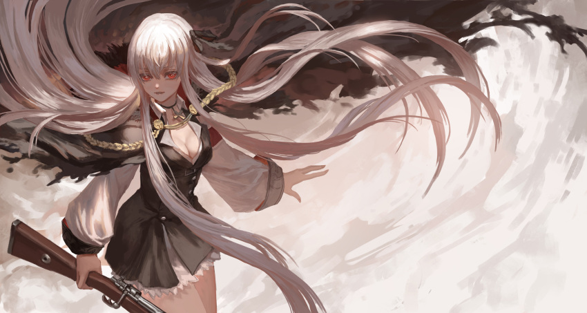 1girl aiguillette arm arm_at_side artist_name belt black_belt black_coat black_footwear black_hat black_legwear black_ribbon bolt_action boots breasts buckle buttons cape choker cleavage coat collarbone collared_coat collared_shirt floating_hair fringe fur-trimmed_coat fur_trim german german_clothes girls_frontline gun hair_between_eyes hair_ribbon hat highres holding holding_gun holding_weapon iron_cross kar98k_(girls_frontline) layered_skirt legs_crossed lipstick long_hair long_sleeves looking_at_viewer makeup mauser_98 medium_breasts open_clothes open_coat outstretched_arm oversized_clothes parted_lips puffy_sleeves red_eyes ribbon rifle shirt sidelocks silver_hair skirt smile smoke solo standing thigh-highs thigh_boots torn_cape very_long_hair watson_cross weapon white_hair white_shirt white_skirt wide_sleeves wind wind_lift xukong