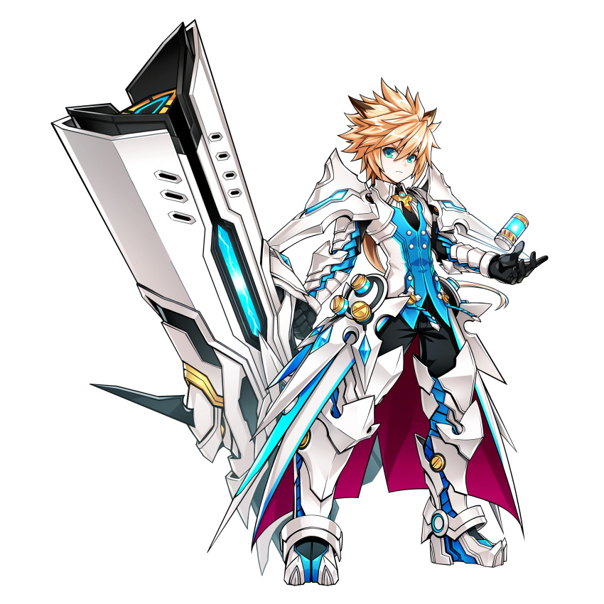 1boy absurdres armor black_hair black_pants blonde_hair blue_eyes boots cannon chung_seiker closed_mouth elsword full_armor full_body gloves highres huge_weapon long_hair looking_at_viewer male_focus multicolored_hair official_art pants pauldrons ress shell_casing shiny shiny_hair shirt solo spiky_hair standing streaked_hair symbol-shaped_pupils tactical_trooper_(elsword) thigh-highs thigh_boots two-tone_hair weapon