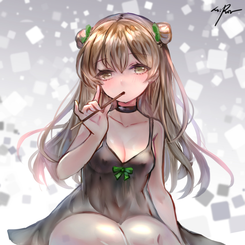 1girl arm_support bangs bare_arms blush bow breasts brown_hair choker collarbone double_bun dress eating erect_nipples eyebrows_visible_through_hair food girls_frontline green_eyes hair_bow holding_pocky legs_together long_hair looking_at_viewer medium_breasts mirutu nipple_slip nipples no_bra pinky_out pocky rfb_(girls_frontline) signature sitting smile solo