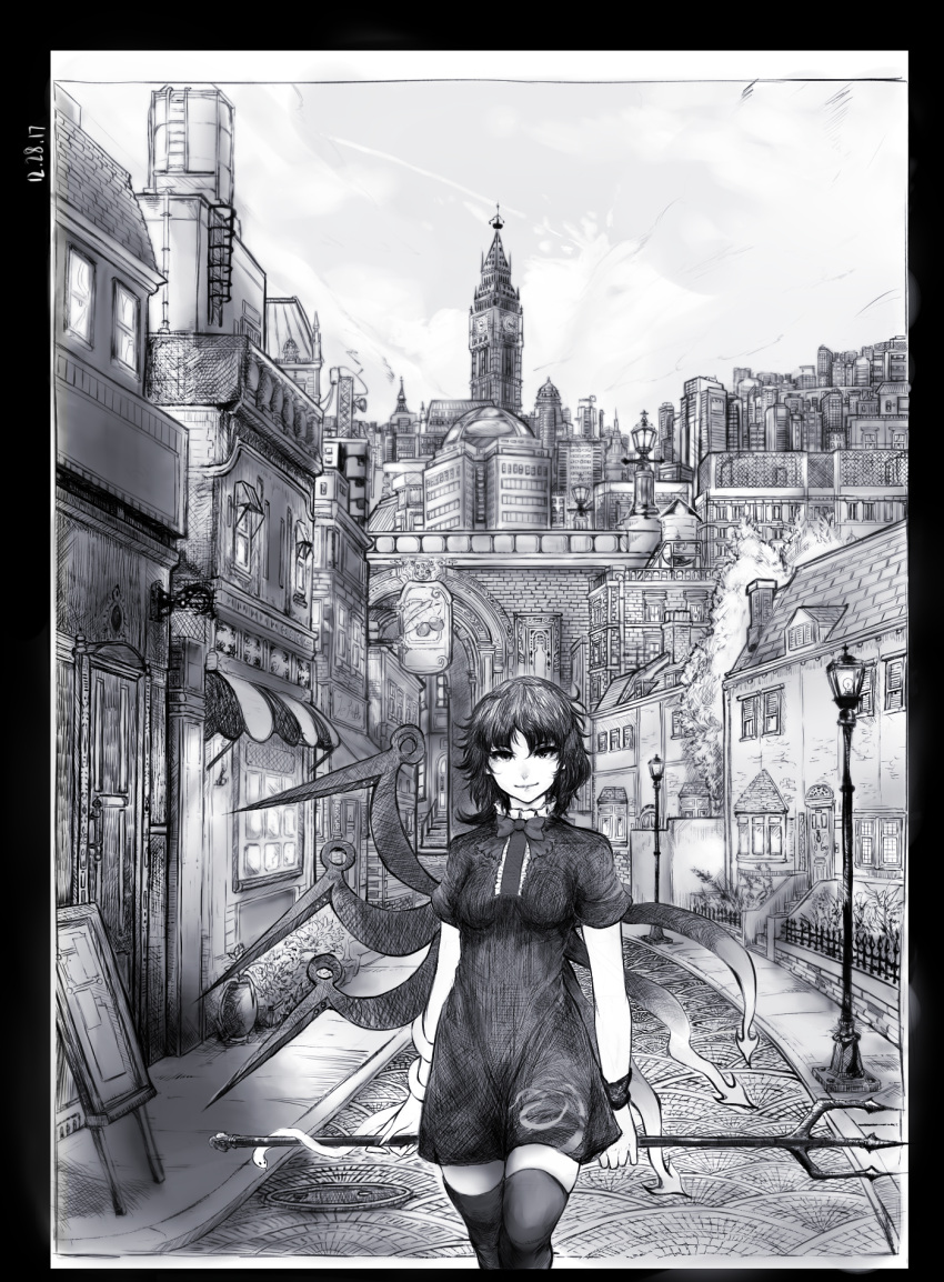 1girl asymmetrical_wings bare_arms black_border border bow bowtie breasts building city clock clock_tower commentary dated dress greyscale highres houjuu_nue lamppost looking_at_viewer medium_breasts monochrome mugo_(mugokii) outdoors polearm road short_dress short_sleeves sign smile snake solo standing street thigh-highs touhou tower trident weapon wings zettai_ryouiki