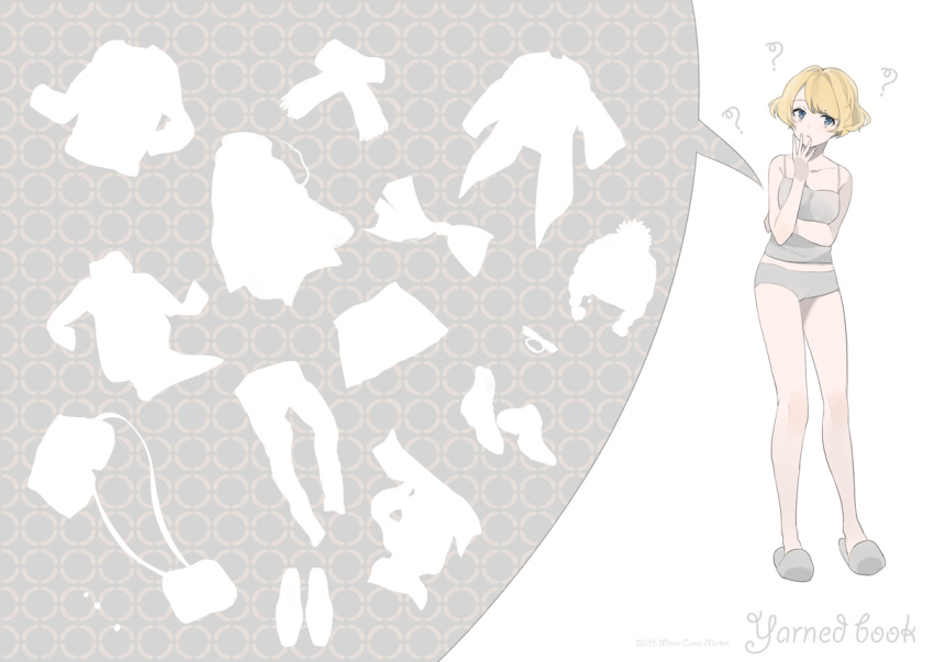 1girl ? bangs bare_arms bare_shoulders blonde_hair blue_eyes bra camisole hand_to_own_mouth hand_up looking_at_viewer lowe_(slow) original pink_bra short_hair silhouette slippers solo speech_bubble standing underwear underwear_only