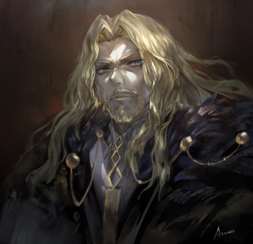 1boy artist_name avamone bangs beard blonde_hair blue_eyes cape closed_mouth facial_hair fate/apocrypha fate_(series) goatee highres lancer_of_black long_hair looking_at_viewer male_focus mustache parted_bangs shirt signature solo upper_body white_shirt