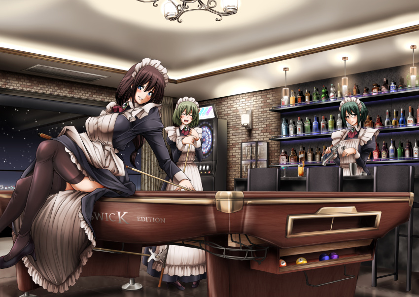 3girls ^_^ alcohol arekishi_raiho ascot black_legwear blue_eyes blush breasts brooch brown_hair chair chandelier closed_eyes cocktail_glass cocktail_shaker cue_stick cup dartboard drinking_glass food fruit glasses green_hair grin highres jewelry large_breasts maid multiple_girls night night_sky open_mouth orange original ponytail pool_ball pool_table short_hair sitting_on_table sky smile