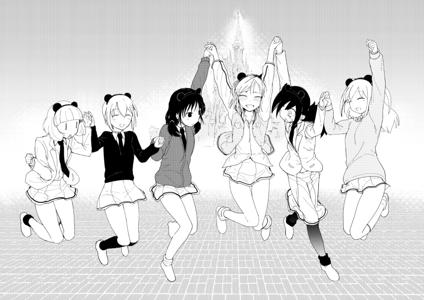 6+girls :d ^_^ animal_ears blazer blush cardigan castle closed_eyes coat commentary_request fake_animal_ears freckles greyscale grin hairband hand_holding highres jacket jumping kuroki_tomoko letterman_jacket monochrome multiple_girls necktie nemoto_hina open_blazer open_clothes open_jacket open_mouth pantyhose satou_takumi school_uniform skirt smile socks sweater tamura_yuri tanaka_mako ucchi_(watashi_ga_motenai_no_wa_dou_kangaetemo_omaera_ga_warui!) watashi_ga_motenai_no_wa_dou_kangaetemo_omaera_ga_warui! yoshida_masaki |_|