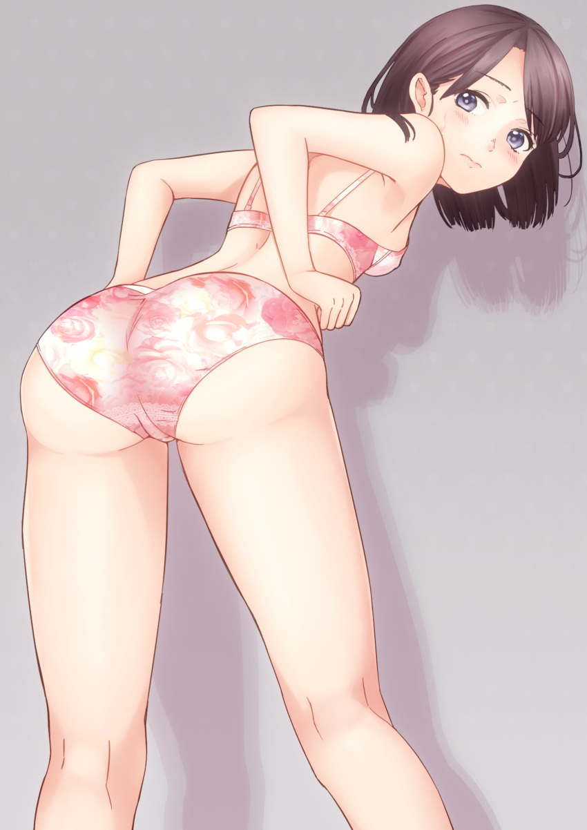 1girl ass bangs bent_over blue_eyes bra brown_hair closed_mouth crotch_seam eyebrows_visible_through_hair floral_print grey_background highres light_frown looking_at_another looking_back monotiina panties pink_bra pink_panties print_bra print_panties shadow short_hair simple_background solo sweatdrop underwear underwear_only