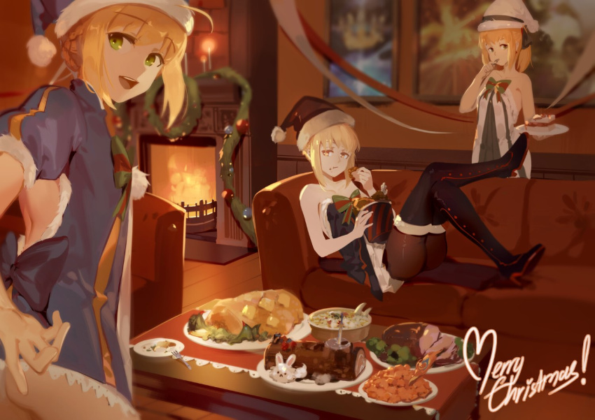 3girls :d ahoge artoria_pendragon_(all) bare_arms bare_shoulders black_bow black_footwear black_hat blonde_hair blue_dress blue_hat blurry boa_(brianoa) boots bow bowtie brown_legwear cake candle couch depth_of_field dress eating english eyebrows_visible_through_hair fate/grand_order fate_(series) fire fireplace food fur_trim gift green_eyes hair_bow hat high_heel_boots high_heels indoors looking_at_viewer merry_christmas multiple_girls open_mouth painting_(object) pantyhose plate ponytail puffy_short_sleeves puffy_sleeves reclining saber saber_alter saber_lily santa_alter santa_costume santa_hat short_dress short_hair short_sleeves sitting smile standing table thigh-highs thigh_boots truc_bui white_hat yellow_eyes