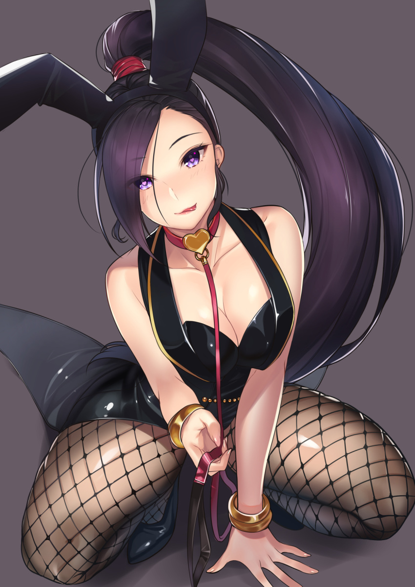 1girl animal_ears arm_support bangs bare_shoulders black_leotard blush bracelet breasts bunnysuit cleavage collar collarbone dragon_quest dragon_quest_xi eyes_visible_through_hair fake_animal_ears fishnet_pantyhose fishnets grey_background heart heart-shaped_pupils heart_choker highres holding_leash jewelry kagematsuri large_breasts leash leotard licking_lips long_hair looking_at_viewer martina_(dq11) pantyhose ponytail purple_hair rabbit_ears revision shiny shiny_clothes solo squatting swept_bangs symbol-shaped_pupils tongue tongue_out very_long_hair vest violet_eyes