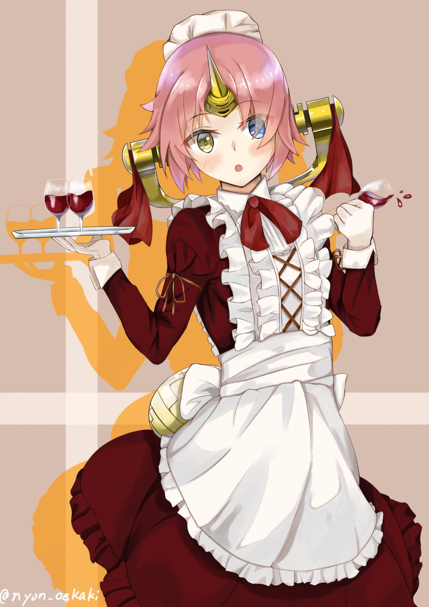 1girl absurdres apron blue_eyes blush breasts cleavage fate/apocrypha fate_(series) frankenstein's_monster_(fate) frilled_apron frilled_skirt frills heterochromia highres holding horn looking_at_viewer maid neck_ribbon nyoon open_mouth pink_hair red_ribbon red_shirt red_skirt ribbon shirt short_hair signature skirt solo standing white_apron yellow_eyes
