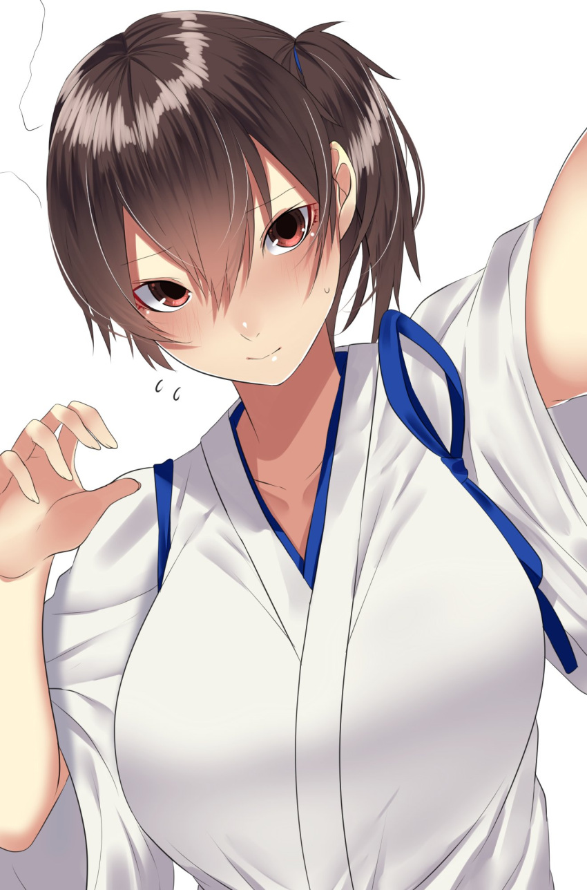 1girl arm_up bangs blue_ribbon blush breasts brown_eyes brown_hair closed_mouth collarbone commentary_request eyebrows_visible_through_hair eyelashes fingernails flying_sweatdrops hair_between_eyes hair_ornament hair_ribbon hand_up highres japanese_clothes kaga_(kantai_collection) kantai_collection large_breasts long_fingernails looking_at_viewer onineko-chan reaching_out ribbon self_shot short_sleeves side_ponytail simple_background solo taking_picture upper_body white_background wide_sleeves