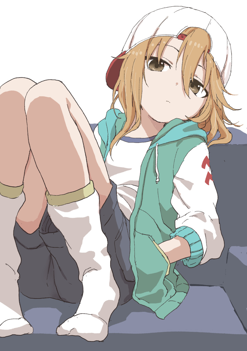 1girl absurdres backwards_hat bangs baseball_cap blue_shorts brown_eyes brown_hair closed_mouth commentary_request couch hair_between_eyes hands_in_pockets hat highres hood hooded_jacket idolmaster idolmaster_cinderella_girls jacket long_sleeves looking_at_viewer no_shoes shirt shorts simple_background sitting socks solo white_background white_legwear white_shirt yamamoto_souichirou yuuki_haru