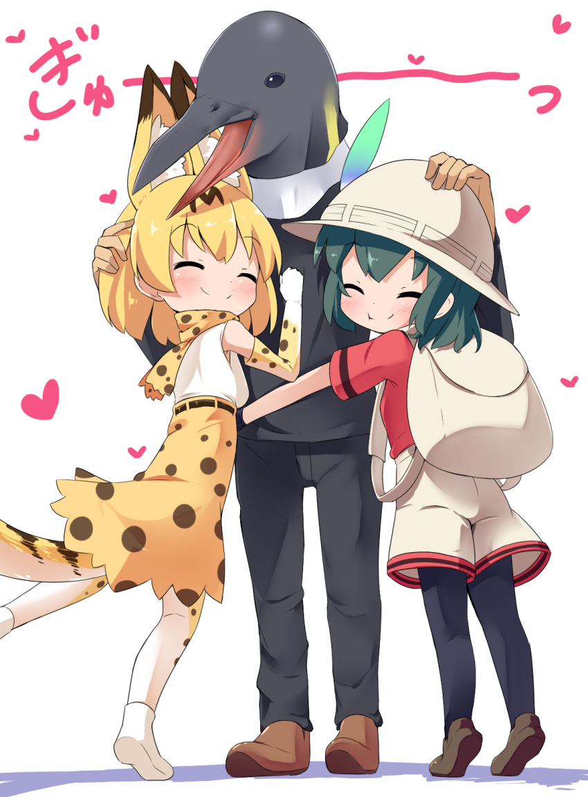 1boy 2girls ^_^ animal_ears backpack bag belt black_hair black_legwear blonde_hair blush bucket_hat closed_eyes commentary elbow_gloves extra_ears eyebrows_visible_through_hair gloves hand_on_another's_head hat hat_feather heart high-waist_skirt highres hug kaban_(kemono_friends) kemono_friends makuran multicolored multicolored_clothes multicolored_gloves multicolored_legwear multiple_girls pantyhose print_gloves print_legwear print_neckwear print_skirt red_shirt serval_(kemono_friends) serval_ears serval_print serval_tail shirt short_sleeves shorts skirt sleeveless sleeveless_shirt smith_&amp;_wesson tail tatsuki_(person) tiptoes white_background white_gloves white_legwear yellow_gloves yellow_legwear yellow_neckwear yellow_skirt