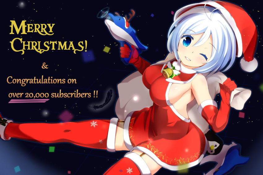 akiiro blue_eyes blush breasts christmas dennou_shoujo_youtuber_shiro elbow_gloves english garter_straps gloves halterneck hat large_breasts looking_at_viewer merry_christmas one_eye_closed parted_lips red_gloves red_hat red_legwear santa_costume santa_hat shiro_(dennou_shoujo_youtuber_shiro) short_hair sideboob smile thigh-highs white_hair