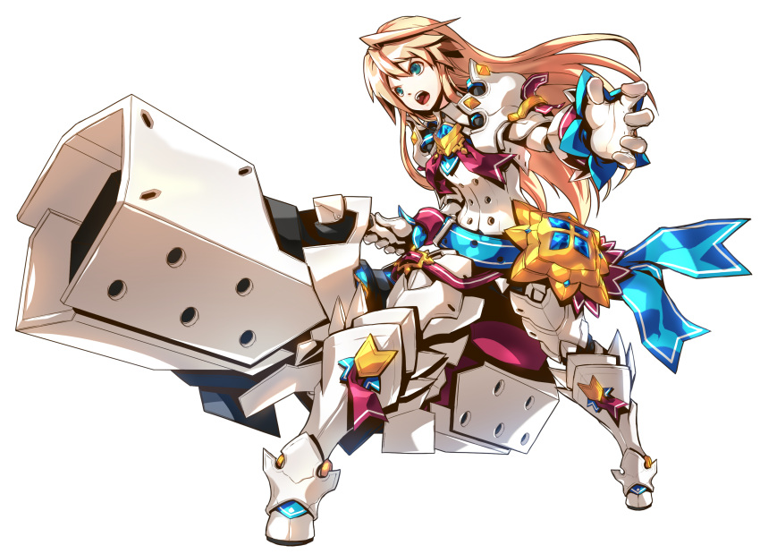 1boy :o absurdres armor blonde_hair blue_eyes blue_ribbon boots cannon chung_seiker elsword full_armor full_body gloves highres holding holding_weapon huge_weapon iron_paladin_(elsword) long_hair male_focus official_art open_mouth red_ribbon ress ribbon solo standing thigh-highs thigh_boots weapon