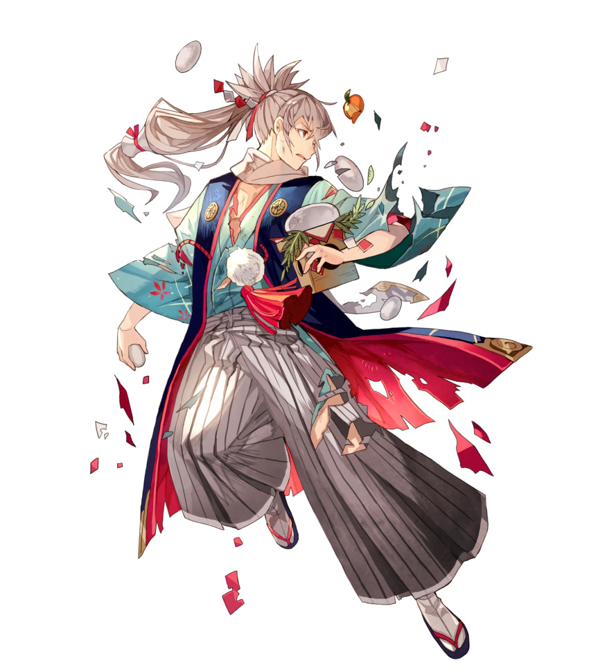 1boy alternate_costume fire_emblem fire_emblem_heroes fire_emblem_if food fruit full_body grey_hair highres injury japanese_clothes kimono kotetsu_(popeethe) leaf long_hair male_focus official_art one_eye_closed open_mouth orange orange_eyes ponytail sandals scar scarf solo takumi_(fire_emblem_if) torn_clothes transparent_background