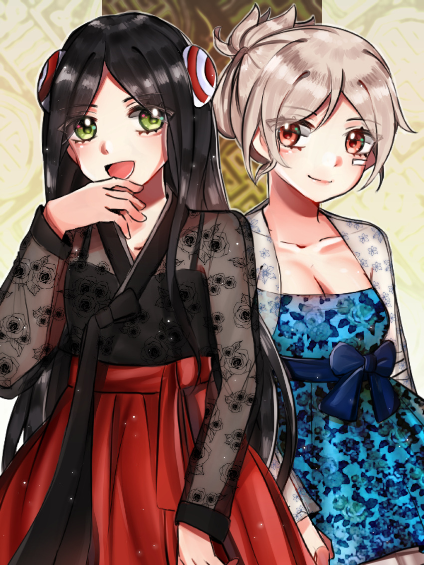 2girls :d absurdres black_hair blush breasts brown_eyes cleavage eramey folded_ponytail green_eyes grey_hair hair_ornament hanbok highres irelia korean_clothes league_of_legends long_hair looking_at_viewer multiple_girls open_mouth riven_(league_of_legends) short_hair smile