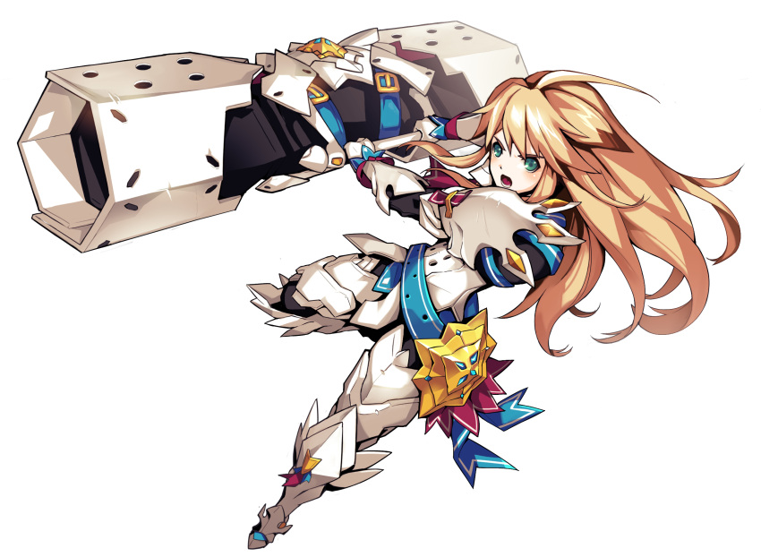 1boy :o armor blonde_hair blue_eyes blue_ribbon boots cannon chung_seiker elsword fighting_stance full_armor full_body gloves highres holding holding_weapon huge_weapon iron_paladin_(elsword) long_hair male_focus official_art open_mouth ress ribbon solo thigh-highs thigh_boots weapon