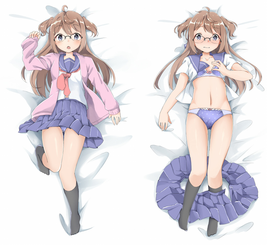 1girl :o ahoge amemiya_sekira bangs black_legwear blue_bra blue_panties blue_skirt blush bow bow_bra bow_panties bra breasts brown_hair cardigan collarbone commentary_request dakimakura eyebrows_visible_through_hair glasses highres kneehighs long_hair looking_at_viewer lying multiple_views neckerchief on_back open_cardigan open_clothes open_mouth original over-rim_eyewear panties pleated_skirt polka_dot polka_dot_panties school_uniform sekira_ame semi-rimless_eyewear serafuku skirt skirt_removed sleeves_past_wrists small_breasts two_side_up unbuttoned unbuttoned_shirt underwear